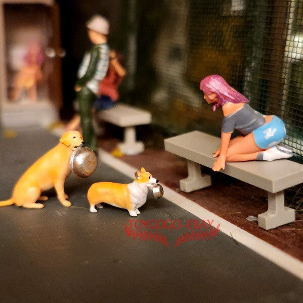 miniature 1/64 Adorable Labrador & Corgi with Food Bowl Begging Sweetly diorama