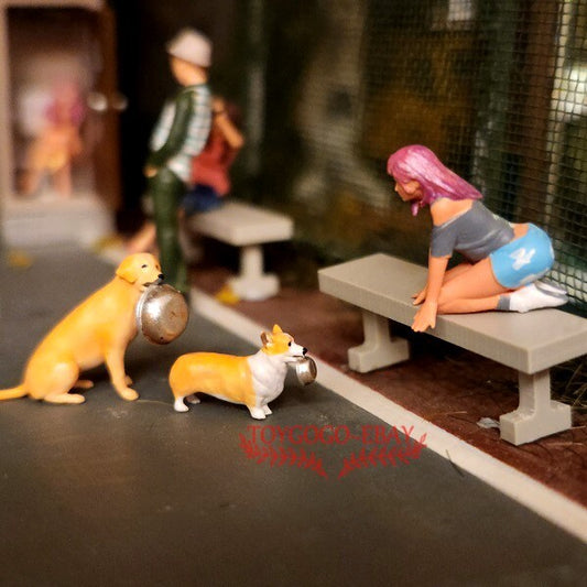 miniature 1/64 Adorable Labrador & Corgi with Food Bowl Begging Sweetly diorama