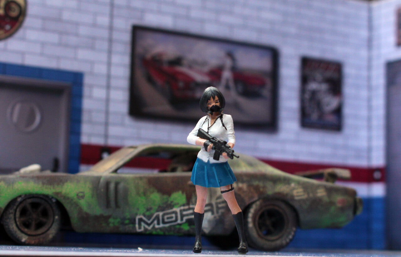 3D PRINT 1/64 COOL WITH weapon AR15 girl  fit 1:64 car street stand